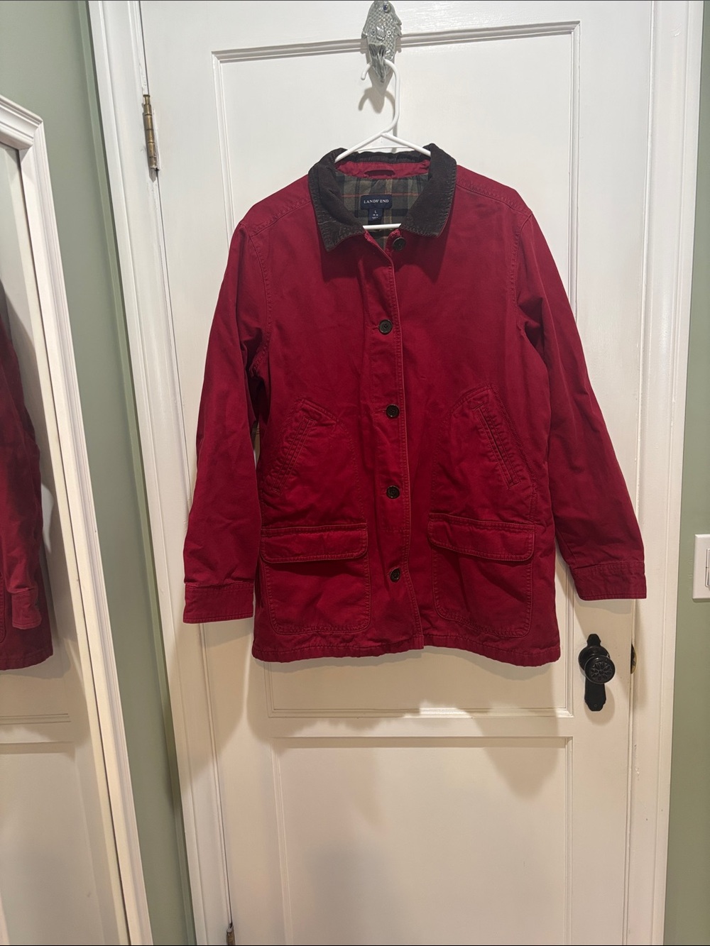Lands' End Barn Coat Red with Flannel Plaid Lining size large